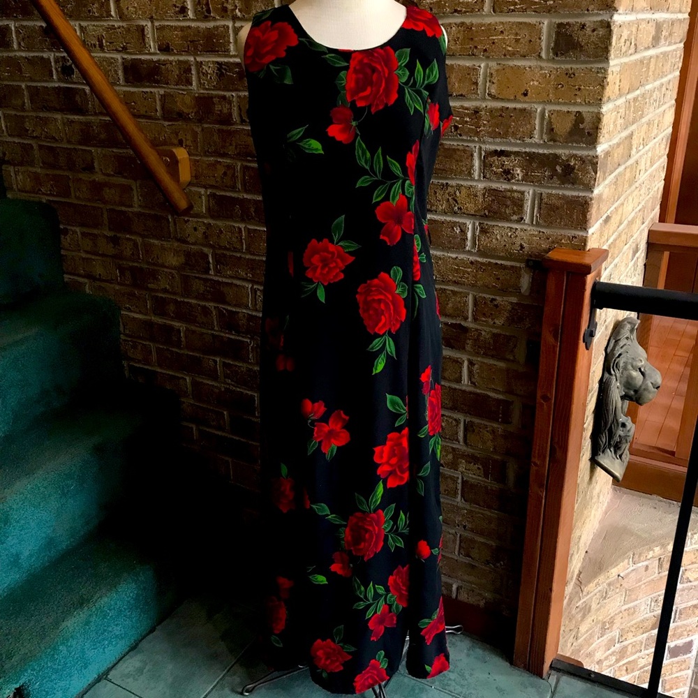 Vtg Y2K 90s Premier International Red and Black floral dress